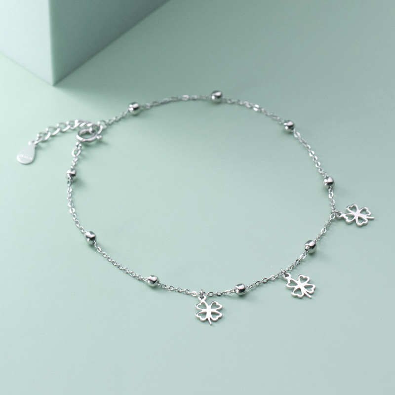 Ponykiss trendiges  s925- teiliges sterlingsilber-fußkettchen mit vierblättrigem kleeblatt und hohlkette für damen, partyschmuck, allergievorbeugendes accessoire