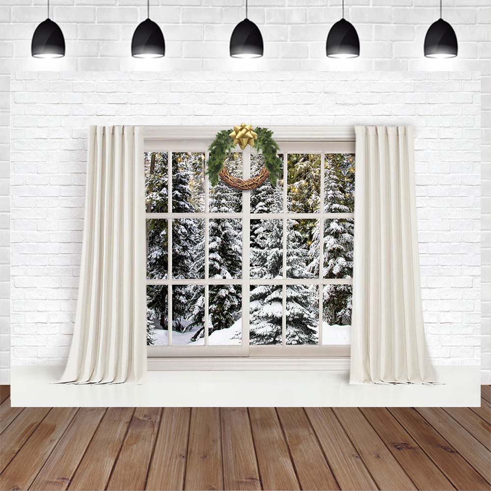 Mocsicka Christmas Curtain Window Photography Backdrop Winter Snow Scene Family Portrait Photo Background for Studio Photo Shoot