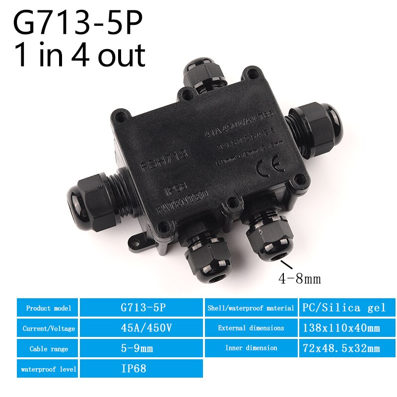 IP68 2/3/4/5/6Way Outdoor Cable Junction Box With Terminal For Electrical Wiring Accessories45A/450V Black Waterproof Enclosure: G713-5P