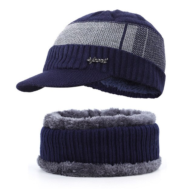 Men Unisex Sports Winter Warm Hat Knit Visor Beanie Fleece Lined Billed Beanie with Brim Cap: Blue