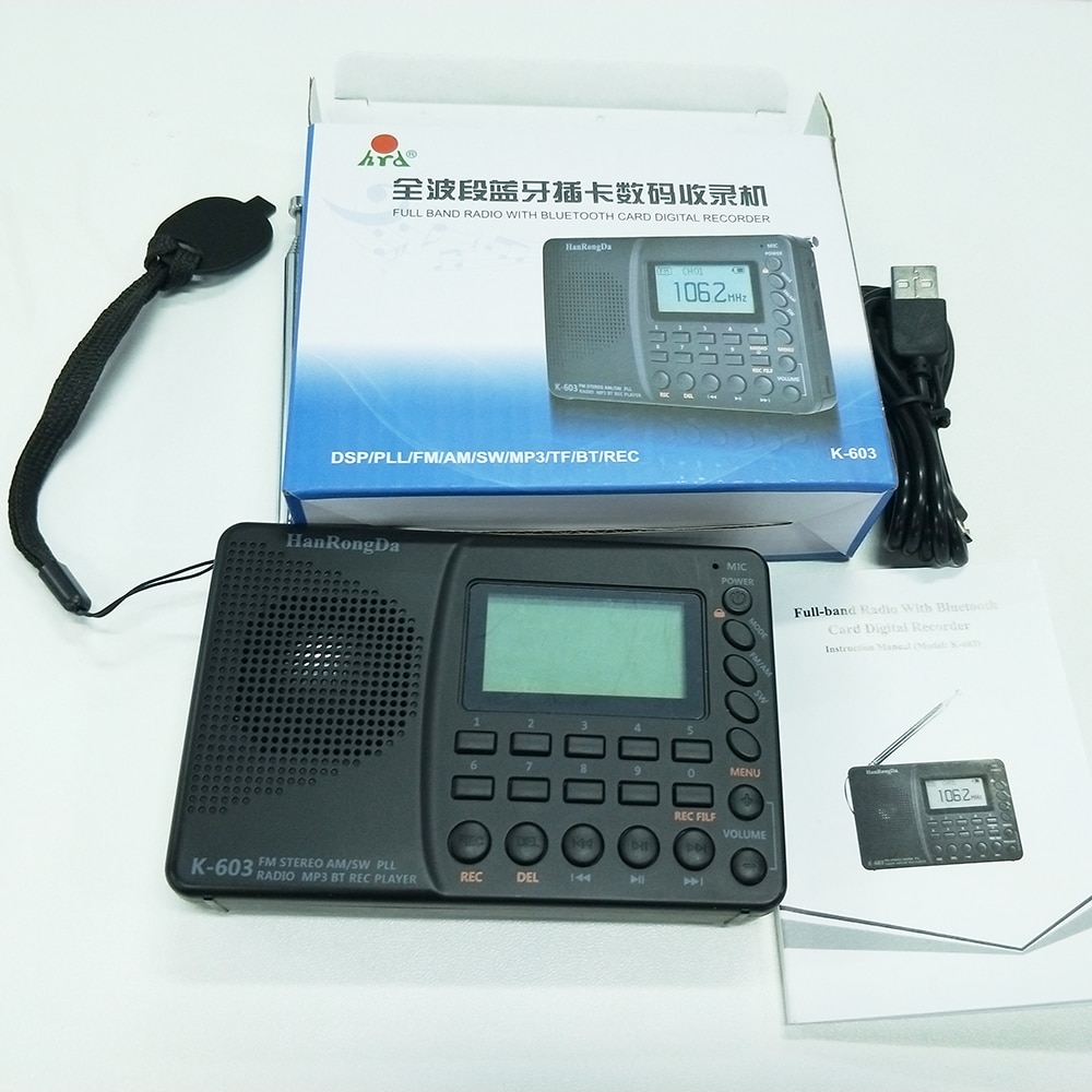 K -603 fuldbånds radio bluetooth fm am sw bærbare lommeradioer  mp3 digital rec recorder understøtter micro sd tf kort sleep timer