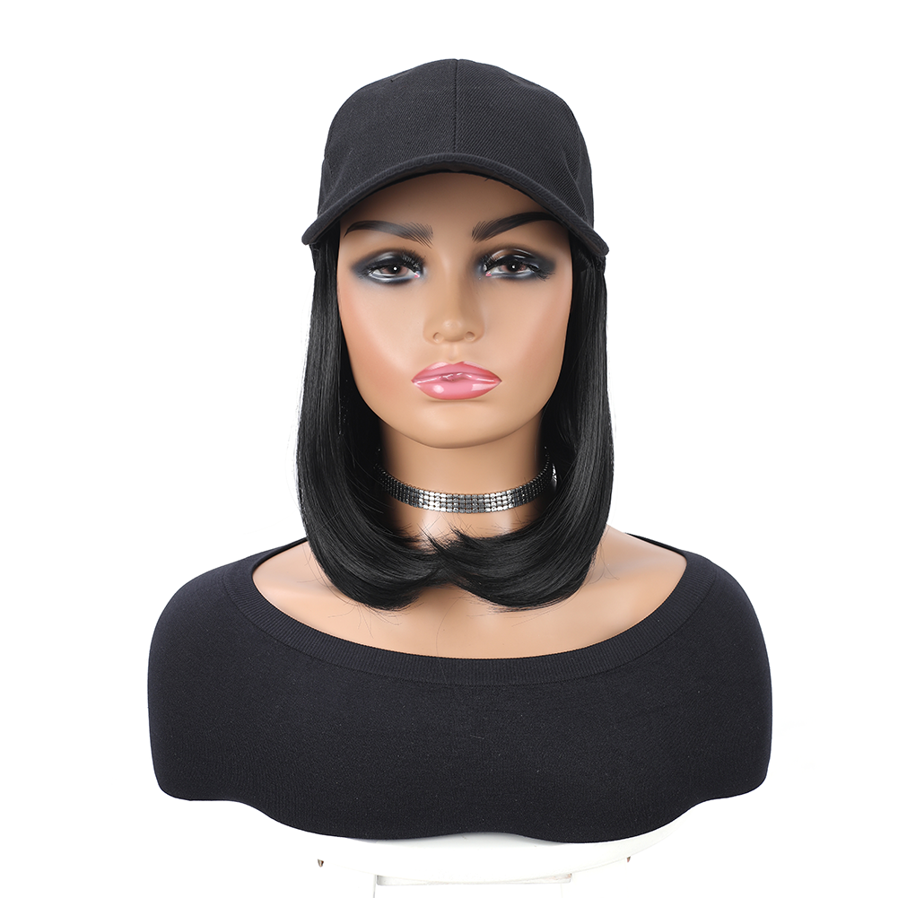 Gorra de béisbol con extensiones de cabello sintético, peinado Bob corto liso, peluca extraíble ajustable, sombrero de 10 pulgadas para mujer y niña: #1