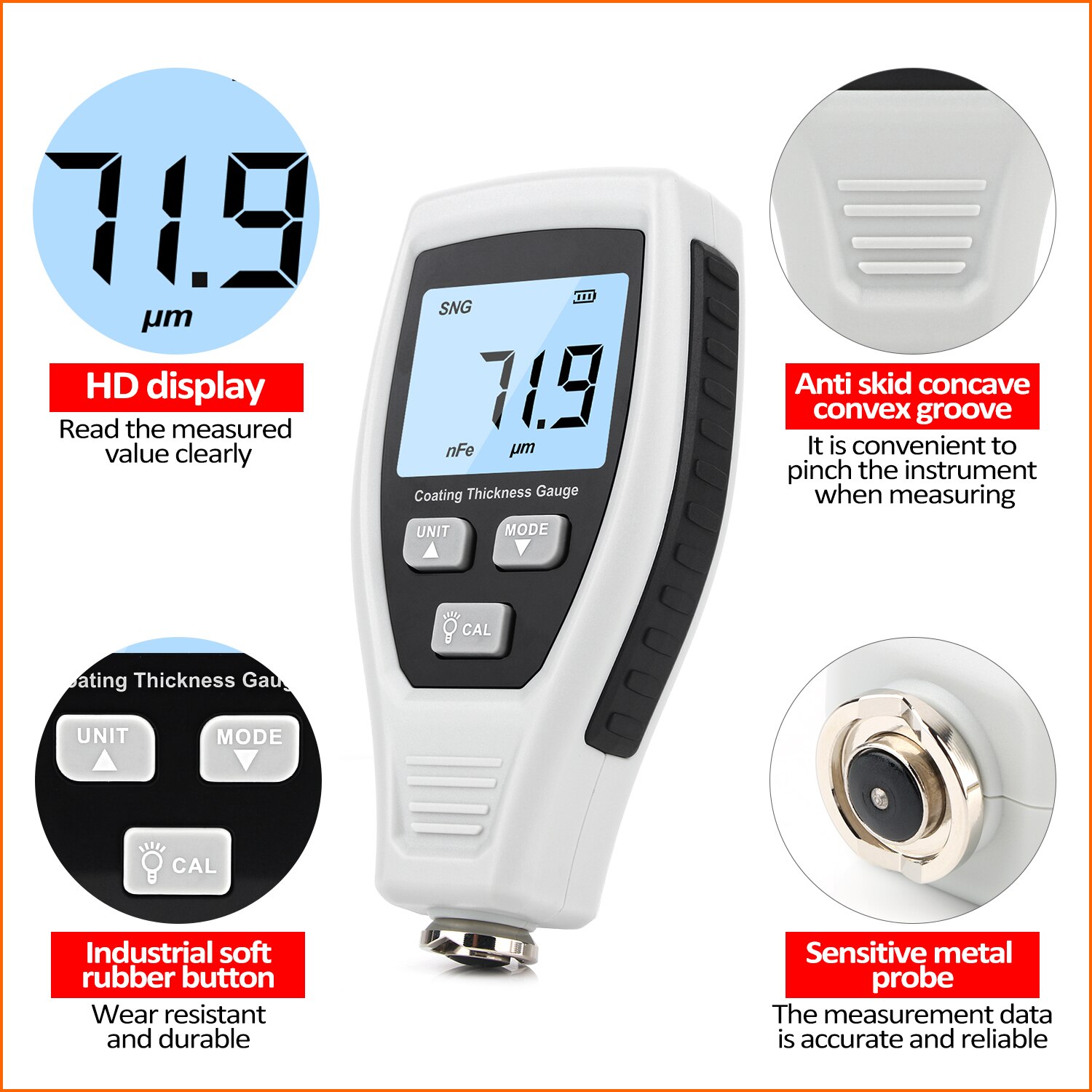 RZ Coating Thickness Gauge Paint Handheld Thickness Gauge Meter Car Paint Depth Digital Gauge Tester Measurement Range 0~1800μm