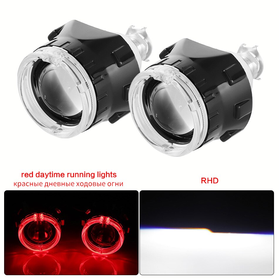 Aileo 2x 2.5 tommer led angel eyes bi-xenon projektor linse kørelys drl  h4 h7 h11 bil retrofit styling brug  h1 lys universal: Sort rød rhd
