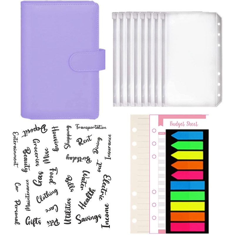 A6 Pu Notebook 6 Ringen Bindmiddel Budget Planner Organizer Met Refill Papers, Kosten Budget Lakens, Sticker Labels, pocket: Purple