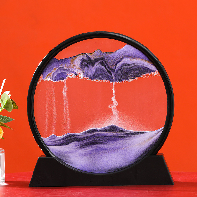 3D Bewegende Zand Kunst Foto 5/7Inch Zandloper Art Schilderen Diepzee Sandscape Vloeiende Zand Frame Rechthoek Ronde glas Home Decor: Purple- round / 12 inch