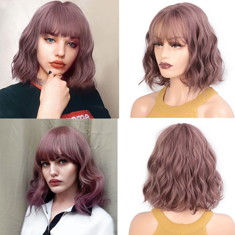 SUe EXQUISITE Wavy Wig 12'' Short Bob Wigs With Air Bangs Shoulder Length Women's Curly Wavy Short Wig for Halloween Costume: MS1936-612-68-361