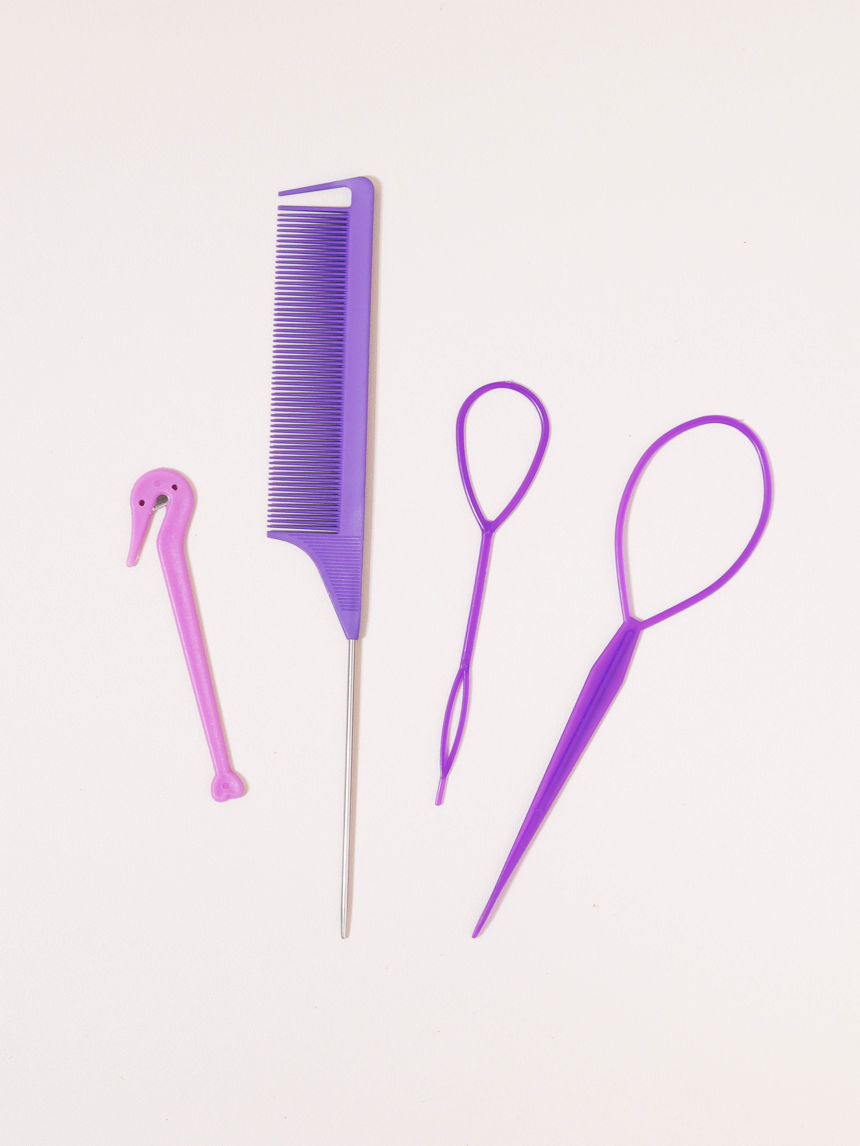 Juego de peinado de 4 piezas, cortador de banda de goma, peine de cola de ratón, herramientas de peinado, accesorios para trenzas de cabello, fabricante de cola de caballo