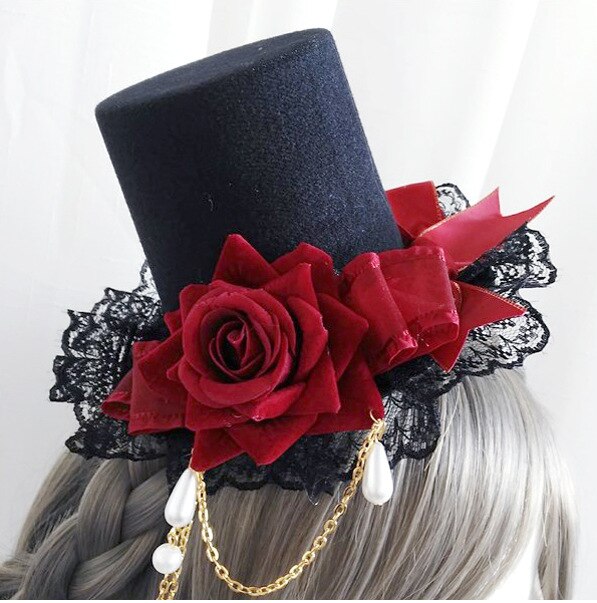 Gothic LOLITA top hat tassel rose cross top hat hairpin headband KC gothic hat hair accessories