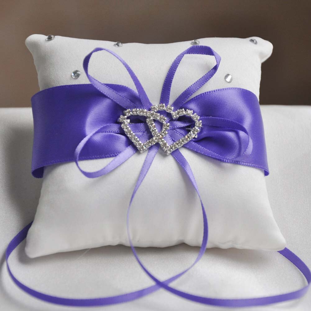 Wedding Ring Pillow Ribbon Bowknot Rhinestones Heart Decoration Party Satin Cushion INTE99