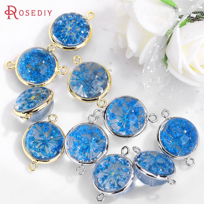 (C828)6 pieces 14x20mm 24K Gold Color Brass and Glass 2 Holes + Dried Flower Round Connect Charms Pendants Diy Jewelry Findings