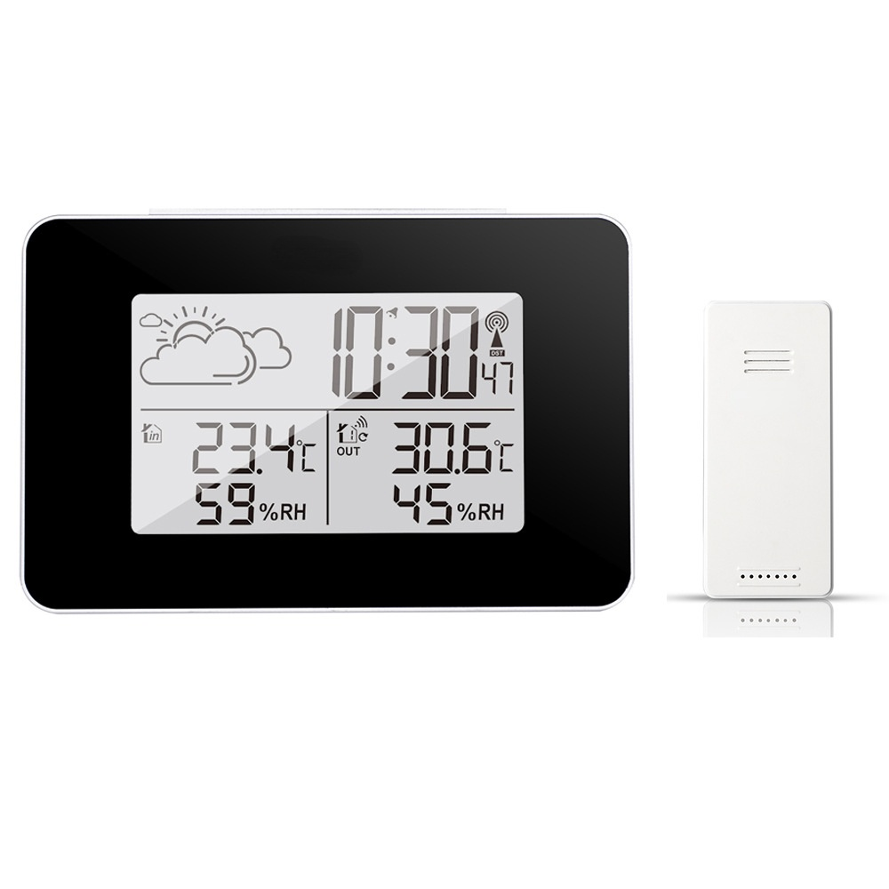 Forecast Clock Alarm Digital Watch Wireless Sensor Temperature Humidity Forecast Snooze Table Clocks DCF Weather Station Home: black