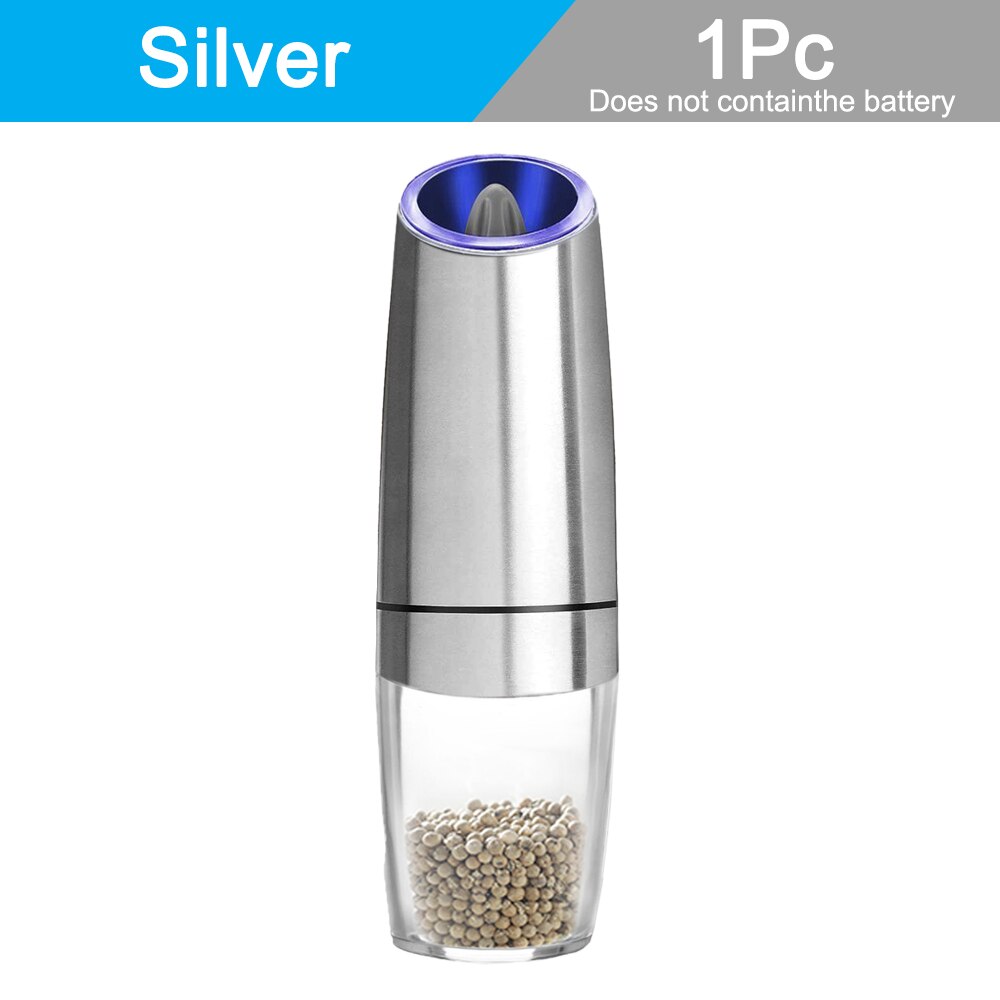 Electric Automatic Mill Pepper and Salt Grinder LED Light Spice Salt Pepper Core Grain Mill Porcelain Grinding Kitchen Tools: 1 Pc Silver A