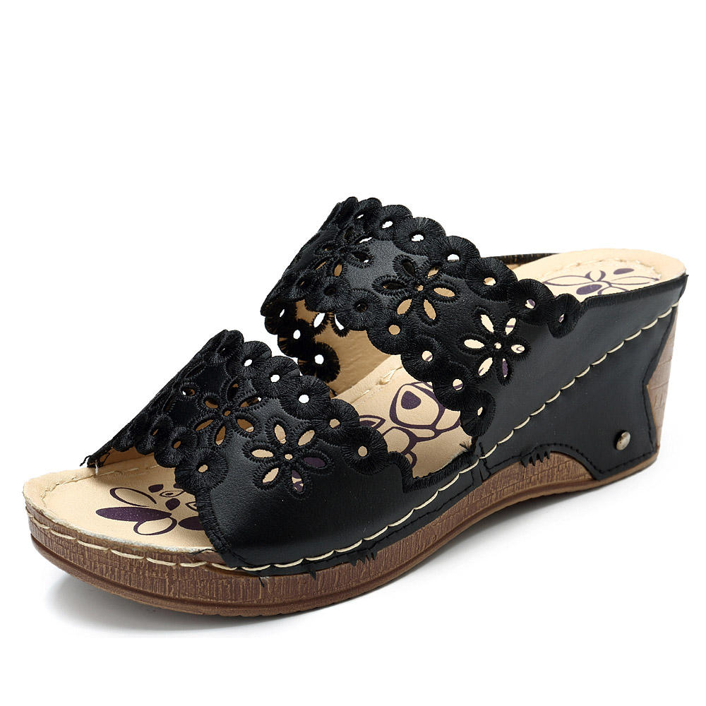 été gladiateur femmes chaussures décontracté fleurs creux crochet boucle sandales cale plate-forme Sandalias Mujer taille 36-41: Black / 38