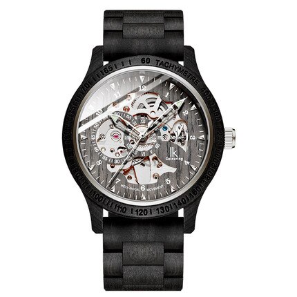 Mænd træ ure guld skelet ure mænd træ rem automatiske mekaniske armbåndsure ik farve relogio masculino: E1