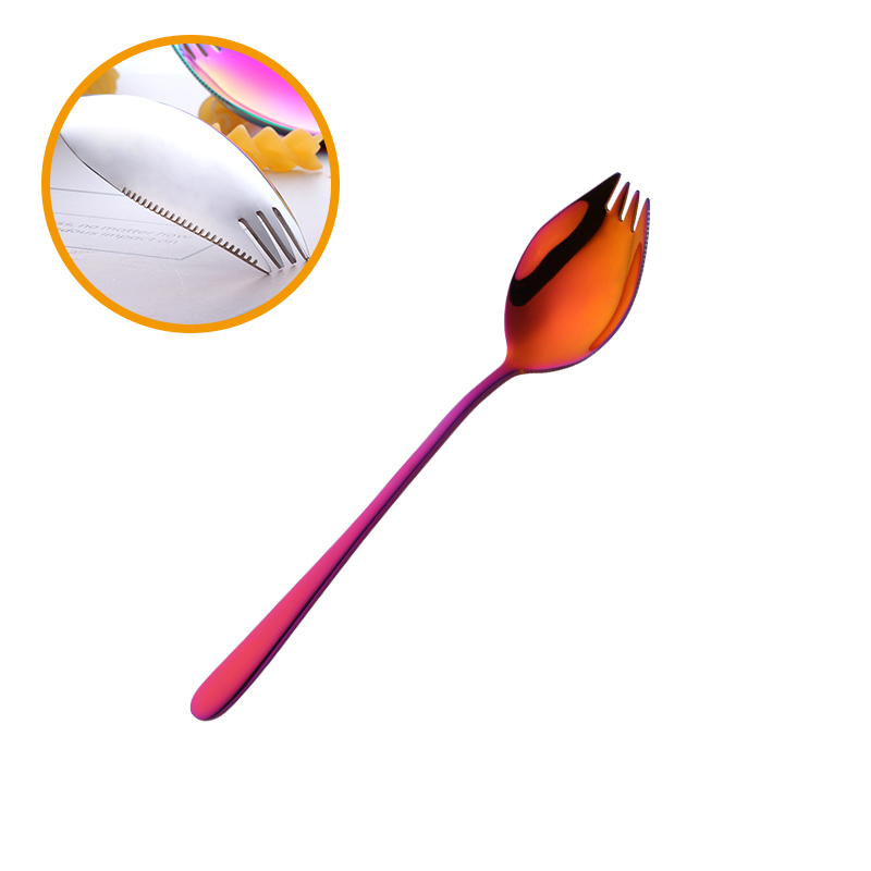 Ske gaffel genanvendelig langt håndtag salat ske rustfrit stål 3 in 1 dessert gaffel skeer servise: Regnbue nr. .3