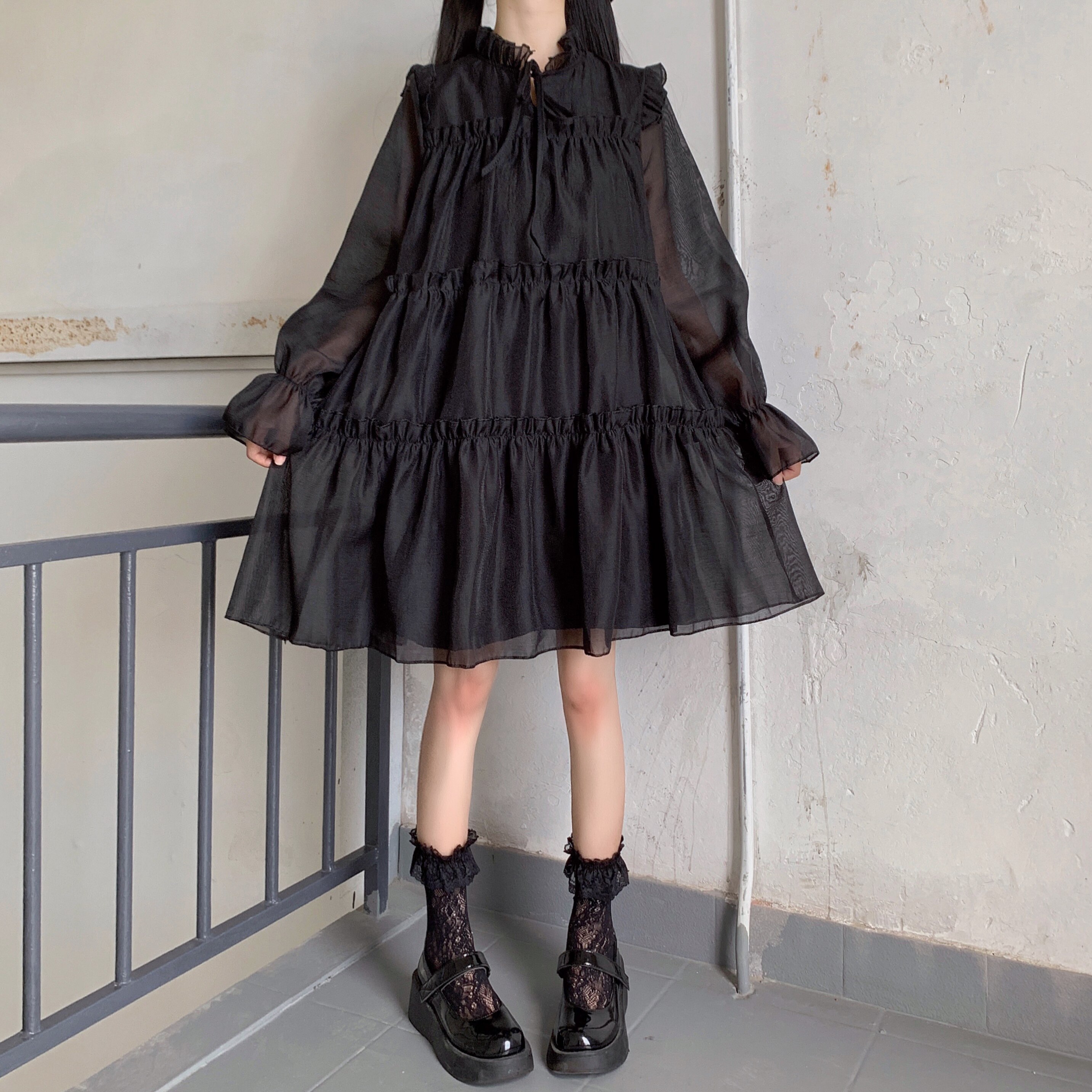 Vestido de princesa de manga de campana de adorable Vestido de lolita de estilo japonés, vestido de mujer de longitud media que combina con todo para Otoño e Invierno