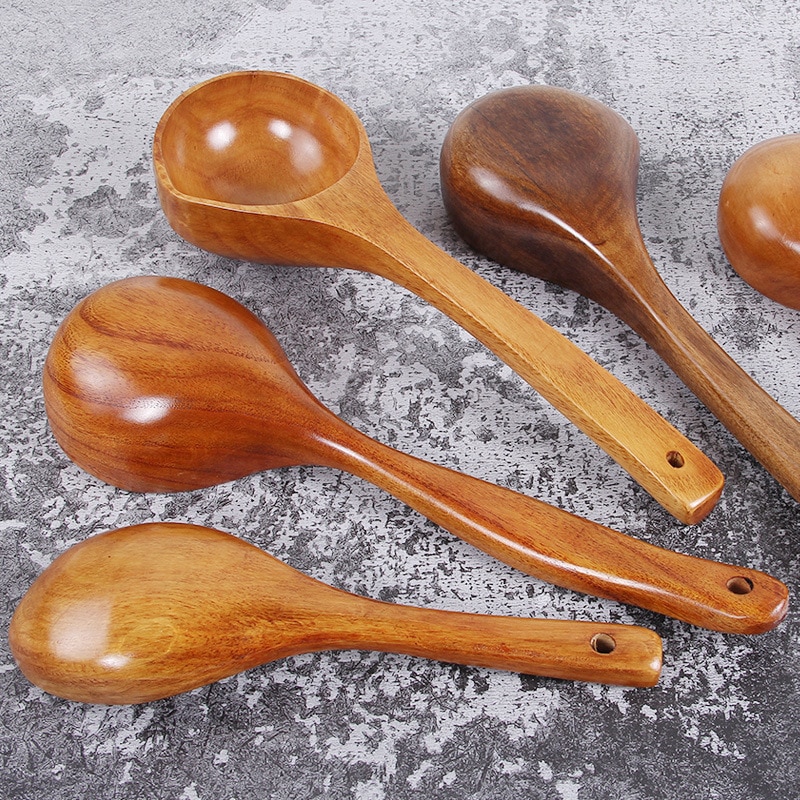 Vacclo 1pc Wooden Big Soup Spoon Long Handle Porridge Cornmeal Scoop Water Ladle Kitchen Tableware Cooking Utensil Tool