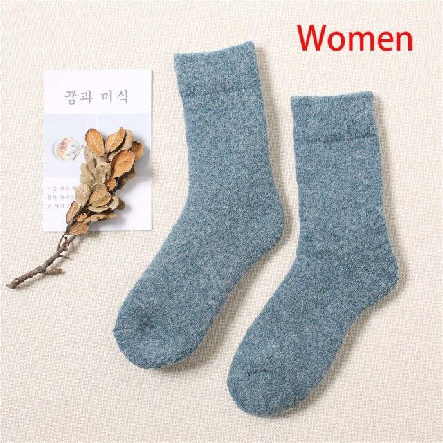 Chaussettes chaudes en laine mérinos pour hommes et femmes, très épaisses, contre le froid et la neige, alpinisme en plein air, hiver russe: women blue