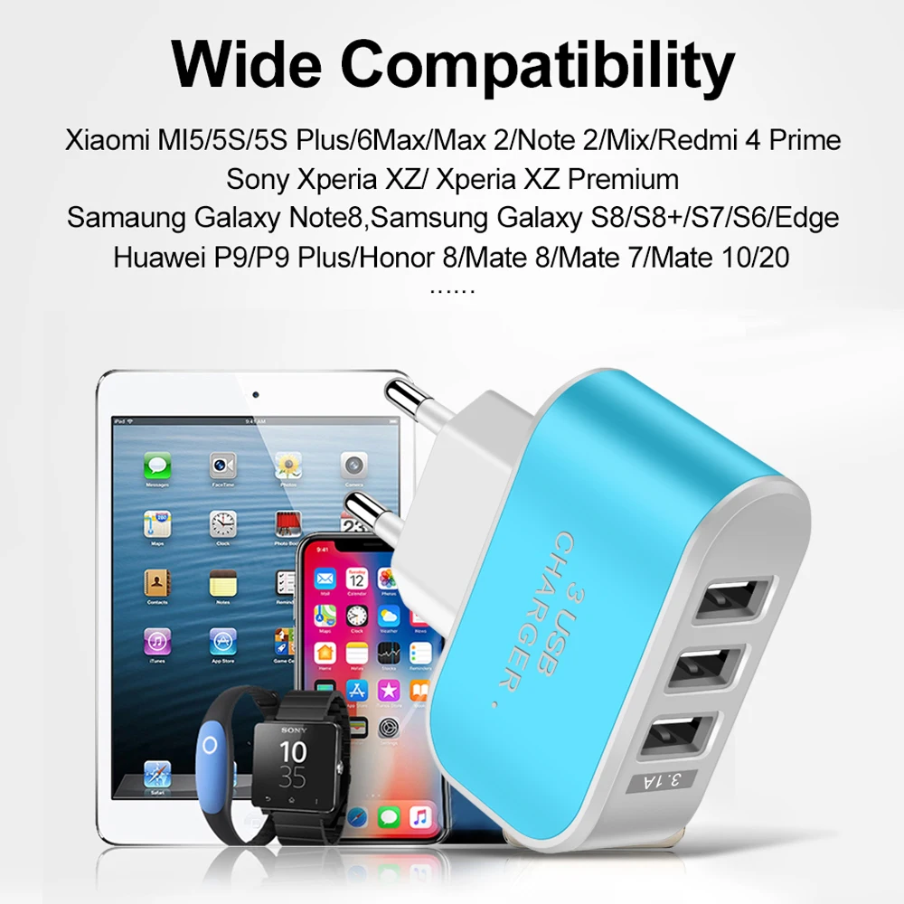Cargador USB 3.1A de 3 puertos, luz LED, cabezal de carga rápida multifuncional, cabezal de carga USB, adaptador de pared para cargador de teléfono móvil USB