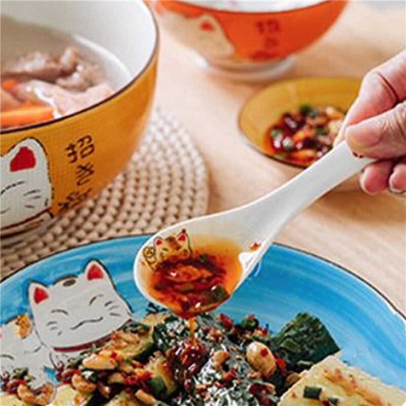 Lingură de supă din ceramică 14cm japoneze alb pisică norocoasă din porțelanul de masă veselă restaurant rechizite de bucătărie de uz casnic veselă