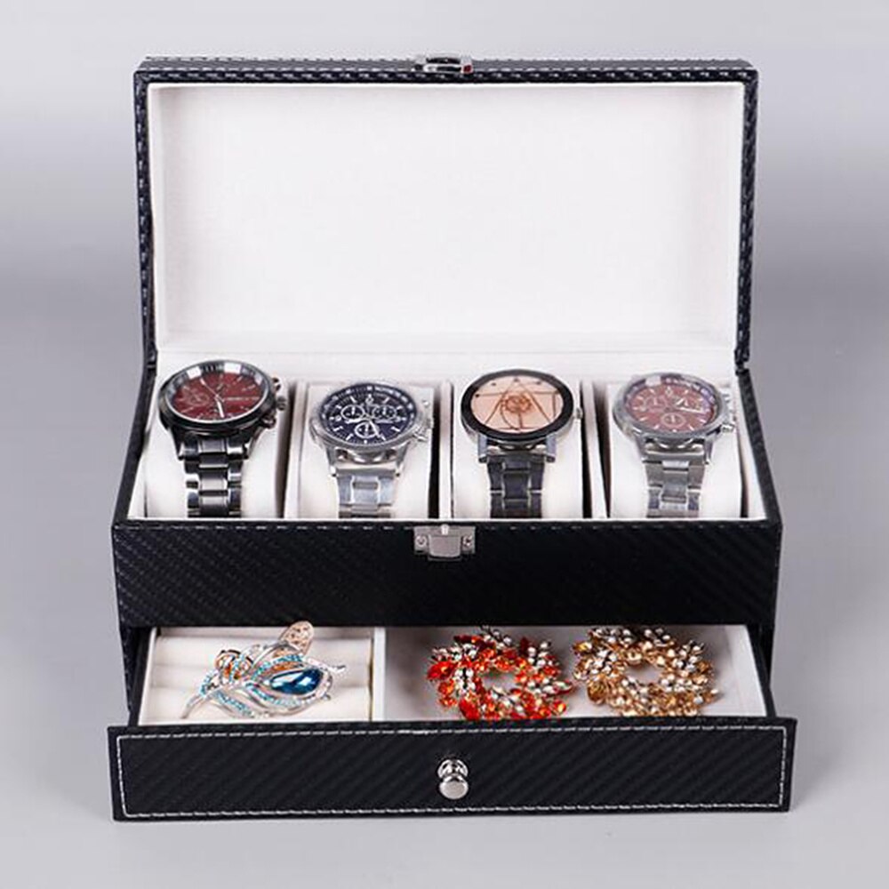 Carbon Fiber 4-bit Box Double Drawer Watch Box Storage Showing Watches Display Storage Box Case Jewelry Watch Collector Case(Bla: Black