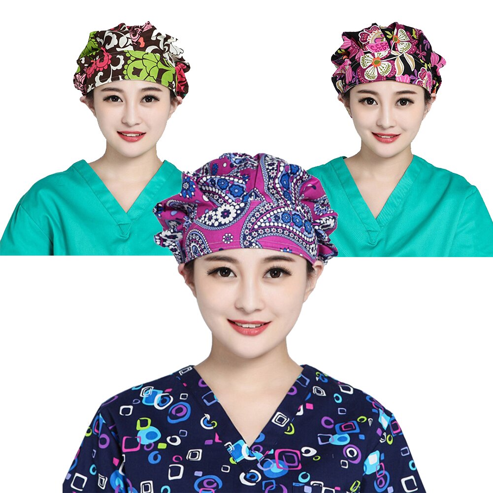 Blommigtryck skrubbmössa salong kosmetolog kock dammsäker bouffant justerbar hatt andas kök arbetar lampsvart mössa