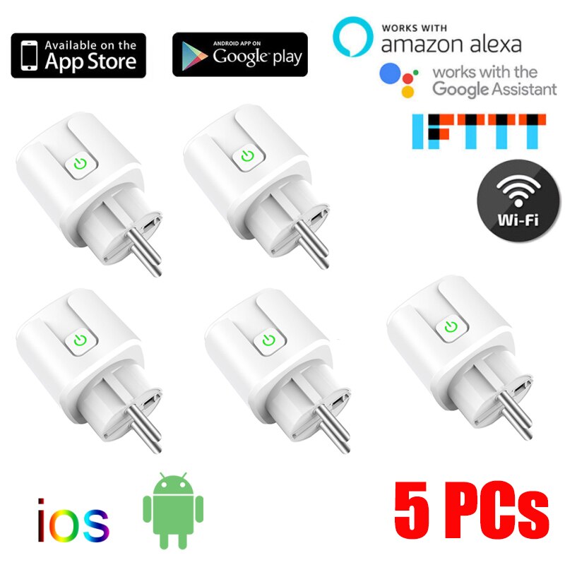 EU 16A Smart Plug WiFi Socket Smart Life APP Remote Control Power Outlet Works With Alexa Google Assistant Inteligente Enchufe: 5pcs