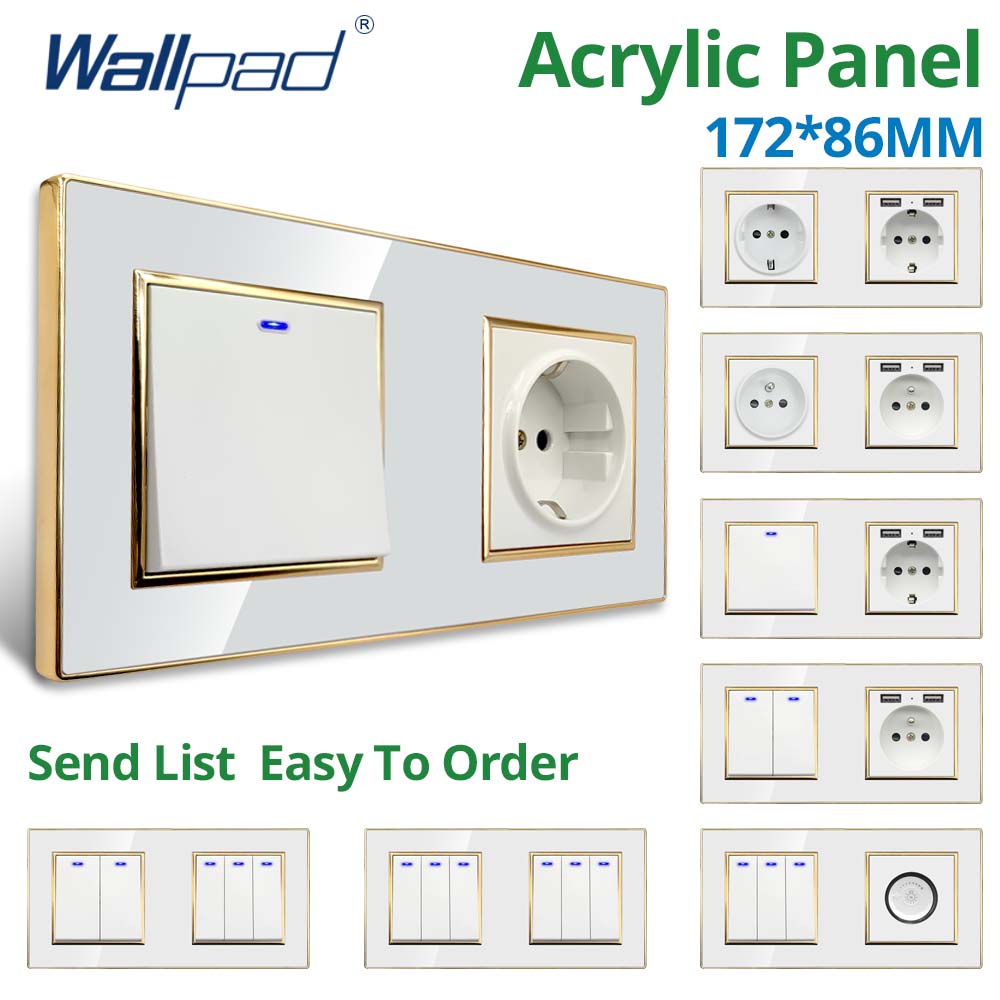Wallpad White Acrylic Panel Gold Border Wall Light Switch LED Dimmer USB Charge EU Socket Outlet 4 5 6 7 8 Gang 2 Way Reset