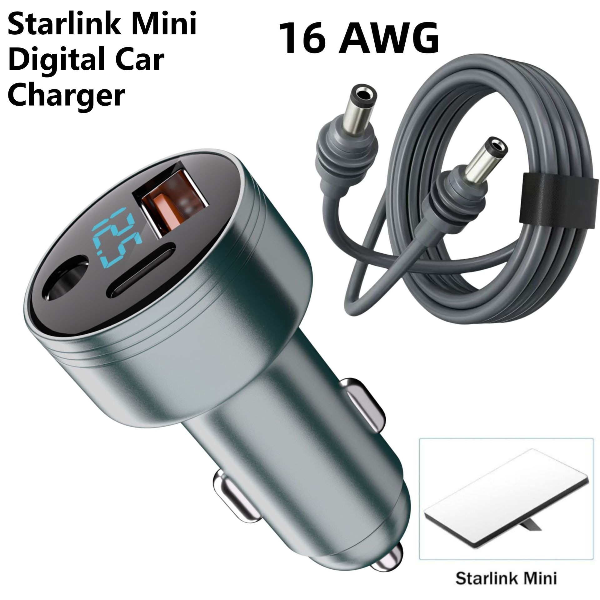 Starlink mini carregador de carro digital carregador de bordo com dc 5521 USB-C qc 3.0 3 portas suporte pd carga rápida com cabo dc 16awg