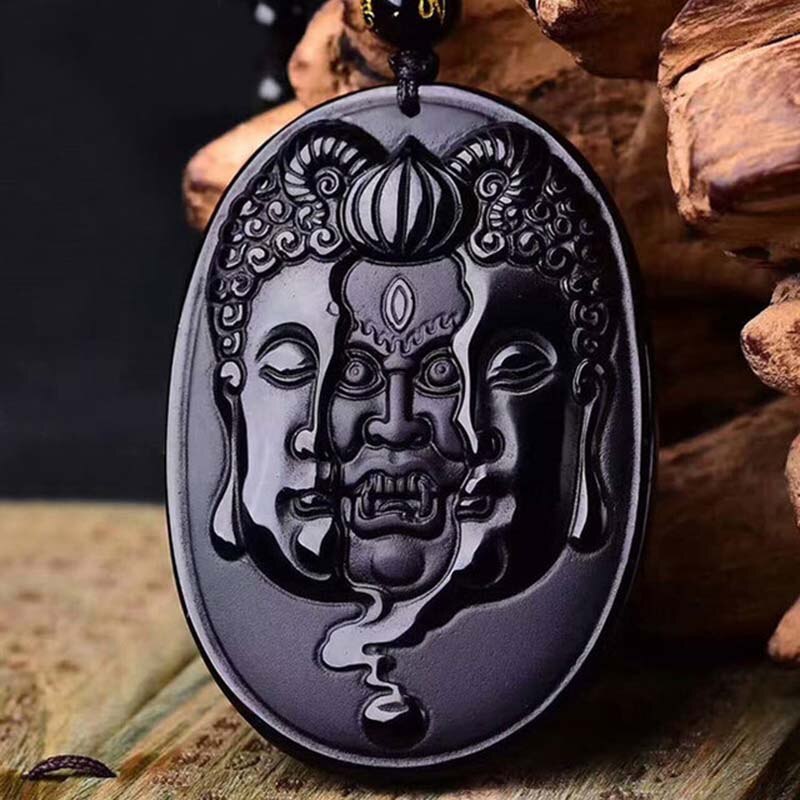 Buddha and Devil Carving Obsidian Necklace Pendant Men's Pendant With Chain Black Jade Jewelry