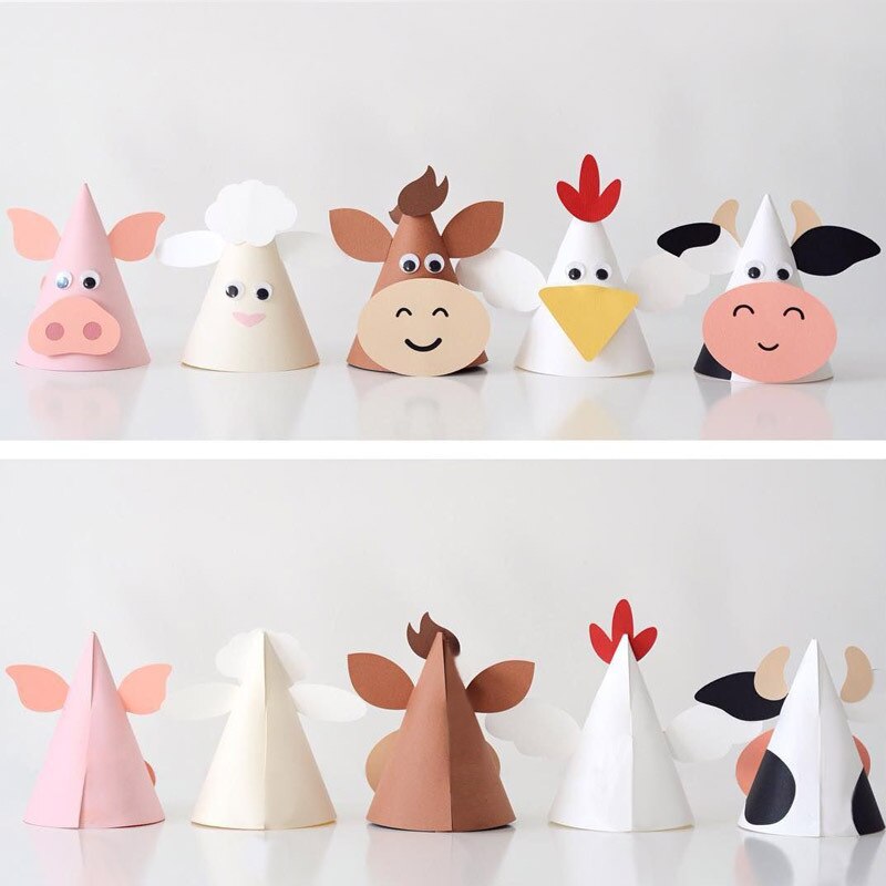 Diy Animal Theme Hat Set Cow Chick Children's Party Paper Card Cap Boy Girl Birthday Baby Shower Decor Supplies