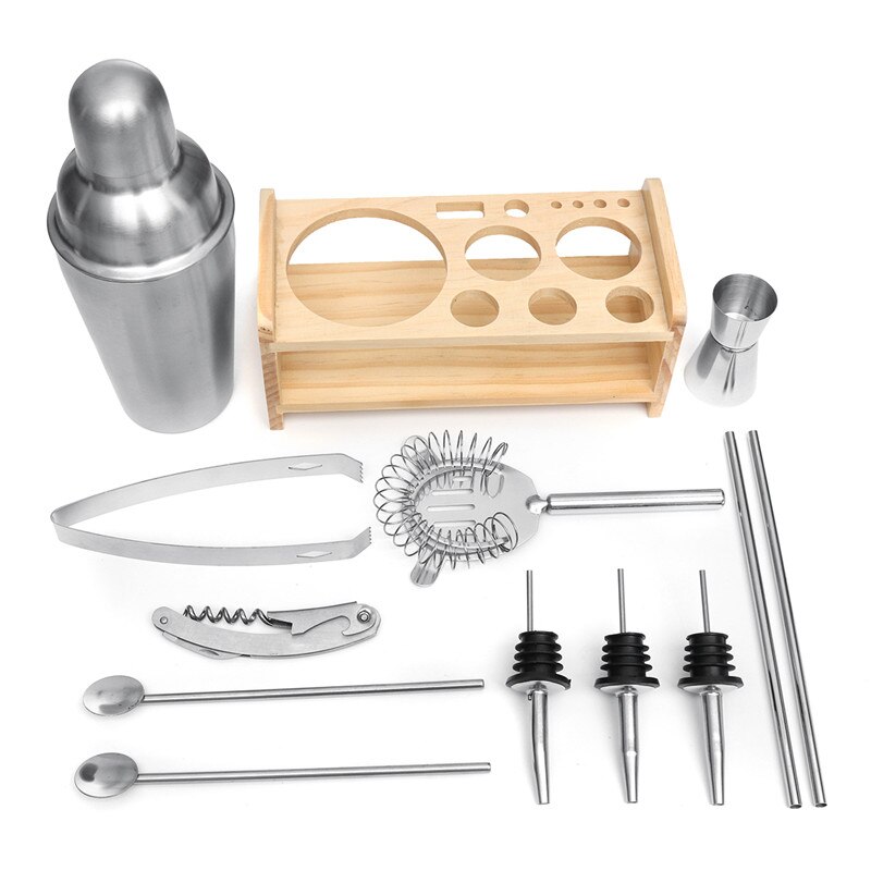 12Pcs/set 750ml Stainless Bar Cocktail Shaker Mixer Drink Bartender Browser Set Barware Set Shaker Set With Wooden Rack Stand: Type 2