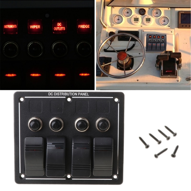 4 Gang Red LED Waterproof Rocker Panel Switch w/Lens For Marine Boat 12-24V