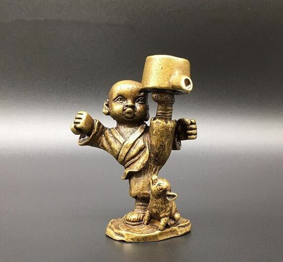 Chinese pure brass jonge monnik wierookbrander kleine standbeeld
