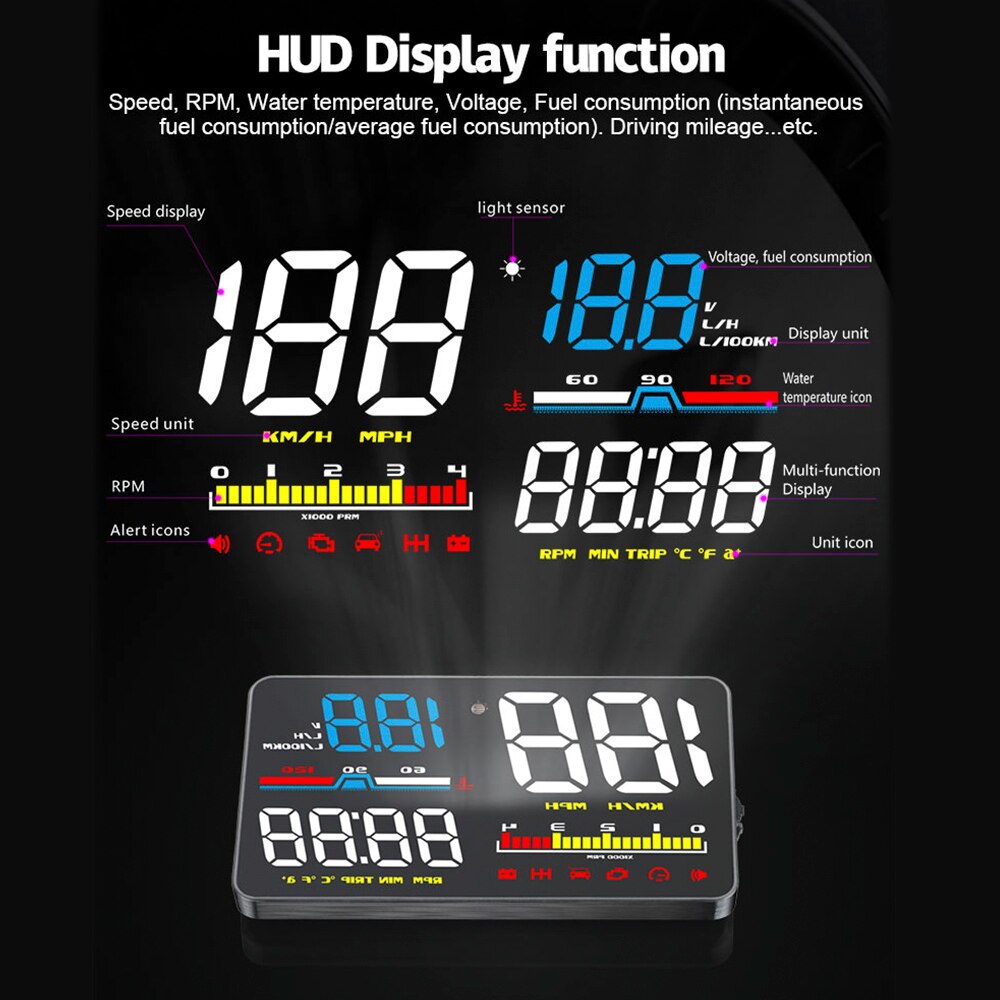 D5000 M3 Car Head Up Display OBD2 Diagnostic Tool HUD Display Digital Security Alarm Speedometer Windshield Screen Projector