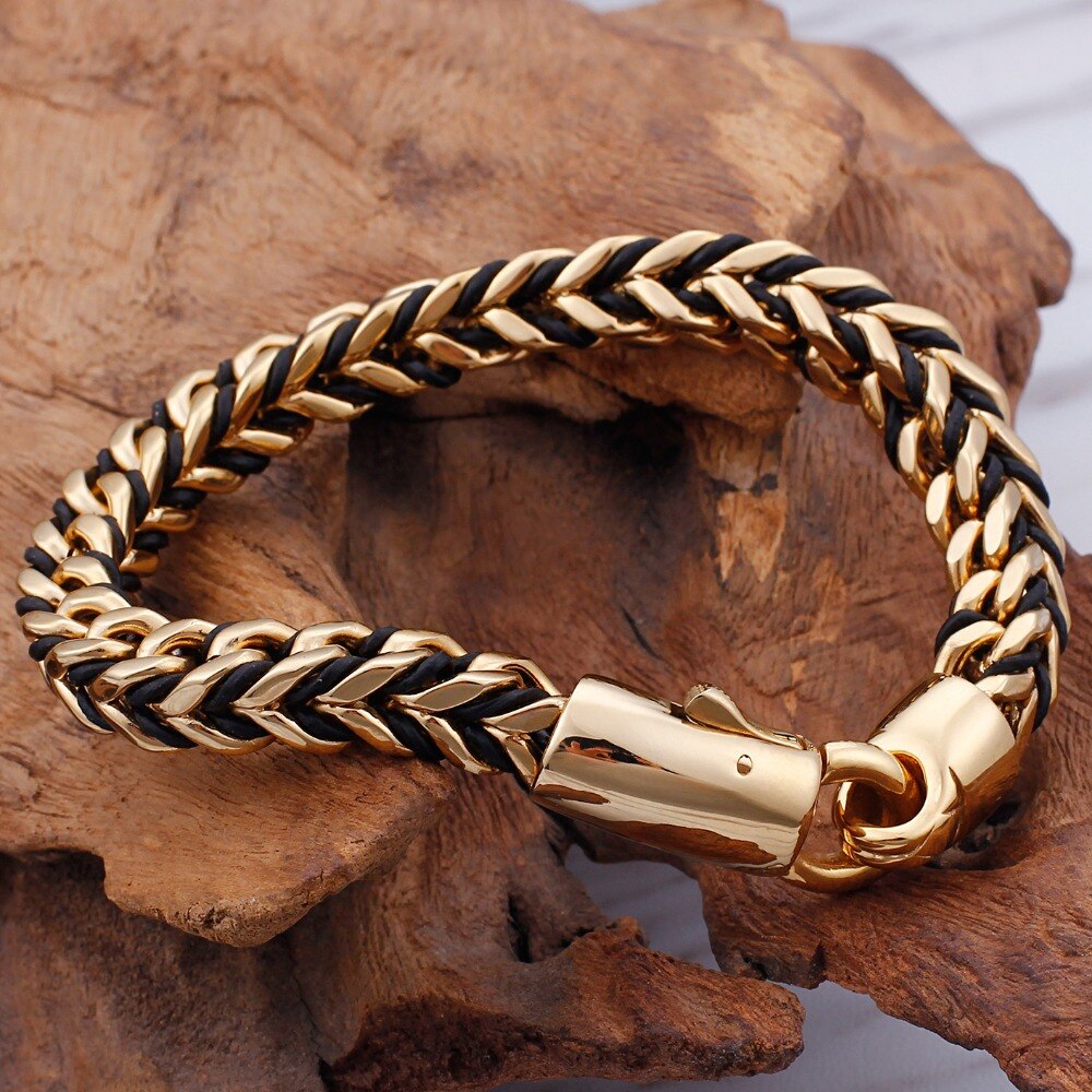 8MM Braided Leather Wrap Bracelet Men Golden Gold Plated Stainless Steel Men&#39;s Bracelets For Men Indian Jewelry Birthday