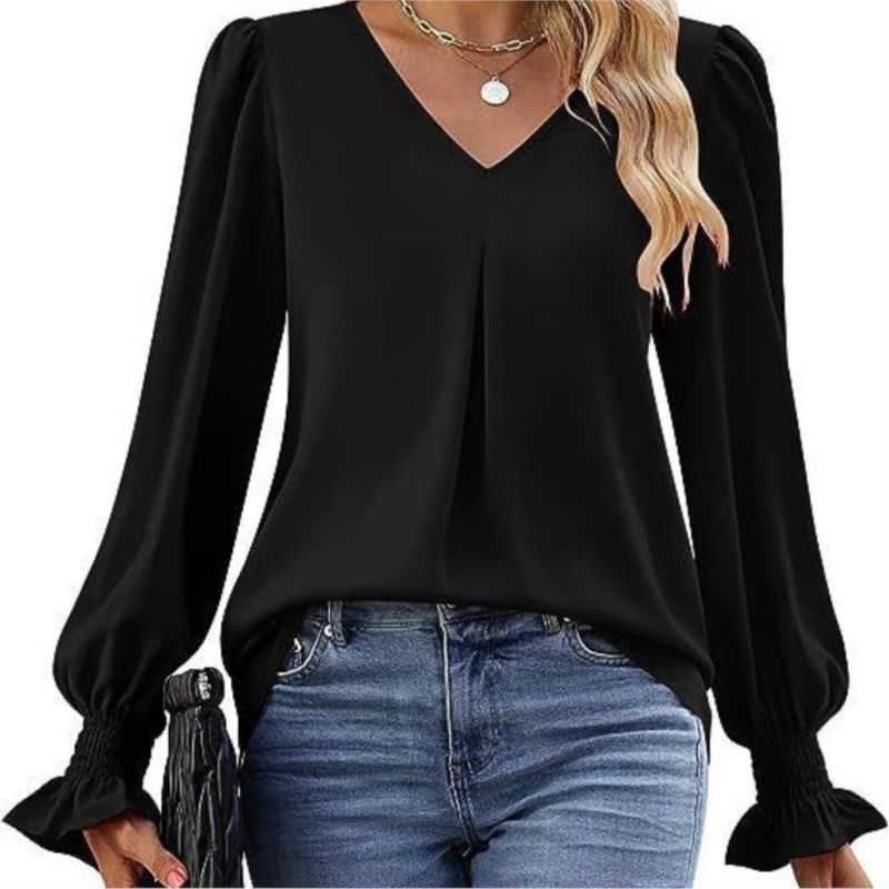 Solid Color Women's Shirt Autumn Item Solid Color Chiffon Shirt V-neck Pullover Trumpet Long Sleeved Top Blouse