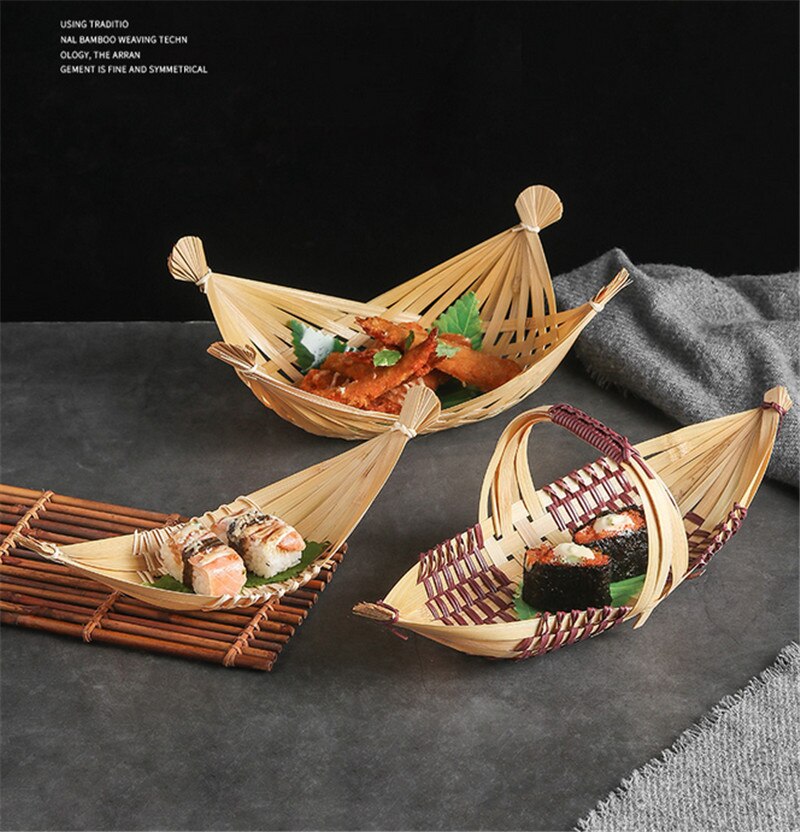 Japansk bambus bento sushi sjømatte båt vevde produkter håndlagde bambus kurv gårdsservise sashimi tallerken dekorasjon