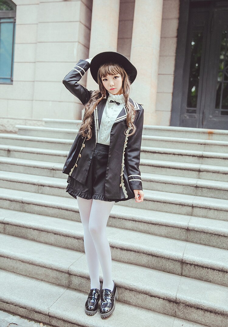 Japansk collegestil vintage dubbelknäppt spets slagslag svala svans trench lolita kappa långärmad skjorta shorts kostym loli cos