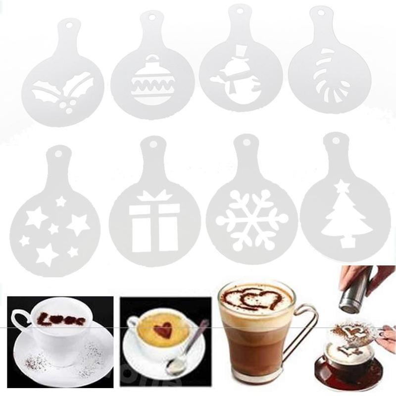 8/12/16Pcs Kerst Cookie Stencil Koffie Latte Cappuccino Stofdoek Barista Cake Sjablonen Art Accessoires Koffie Gereedschap sten R2O5