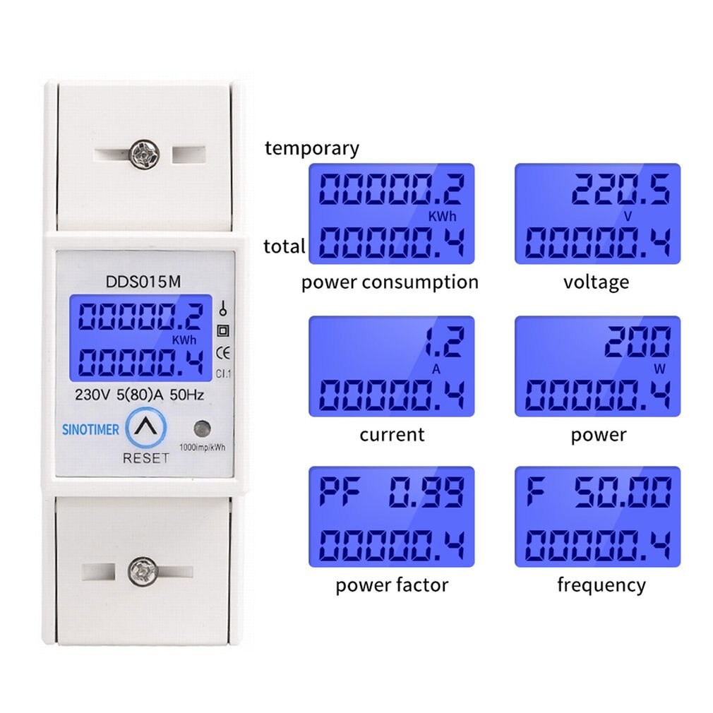 DIN Rail 5-80A ca 230V 50Hz monophasé wattmètre consommation d'énergie Watt compteur d'énergie électrique kWh avec fonction de réinitialisation
