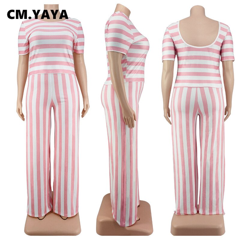 CM.YAYA Women Plus Size Tracksuit Striped Short Sleeve O-neck Tops Wide Leg Loose Pants Two 2 Piece Sets Casual Outfit Summer