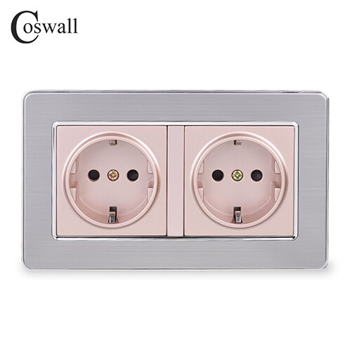 COSWALL 16A Double EU Standard Wall Socket Luxury Power Outlet Grounded Stainless Steel Panel With Children Protective Door: Gold