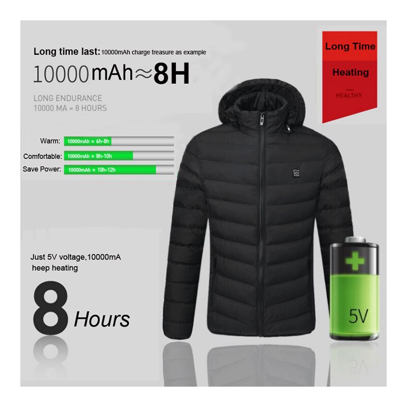 Casaco aquecido de inverno para homens e mulheres, jaqueta com bateria elétrica usb de manga comprida com capuz, roupa térmica de inverno quente para esqui