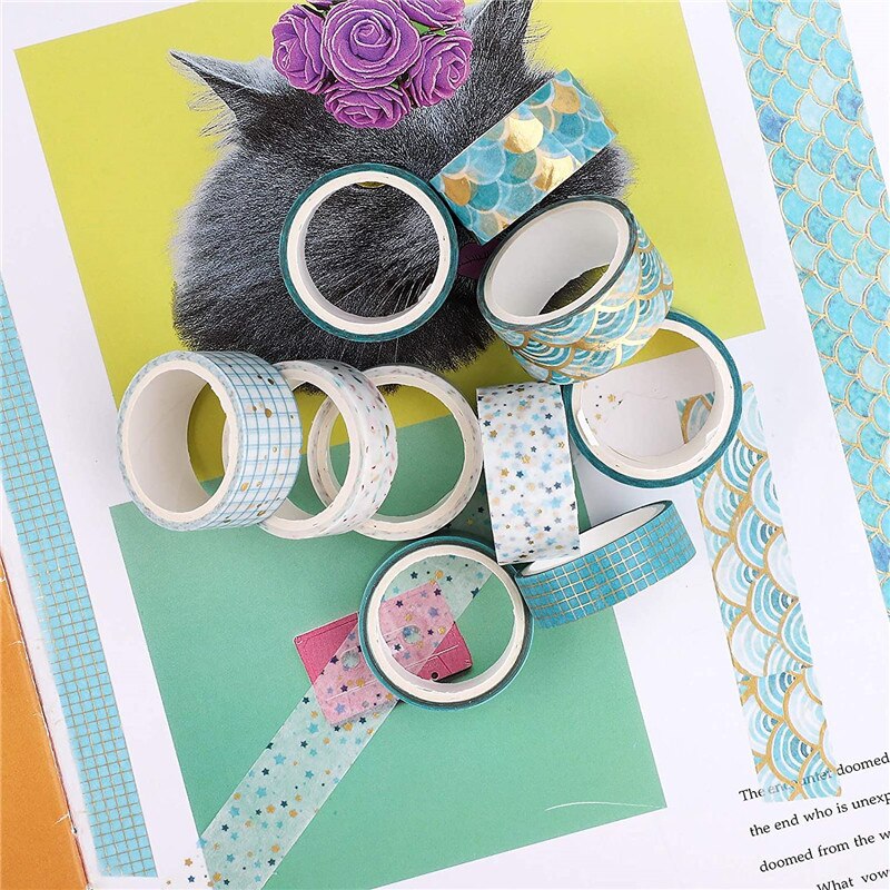 10Pcs Blauwe Golf Washi Tape Set Goudfolie Afplakband Decoratief Papier Tape Voor Scrapbook Cadeaupapier Diy Decor craft Supplies