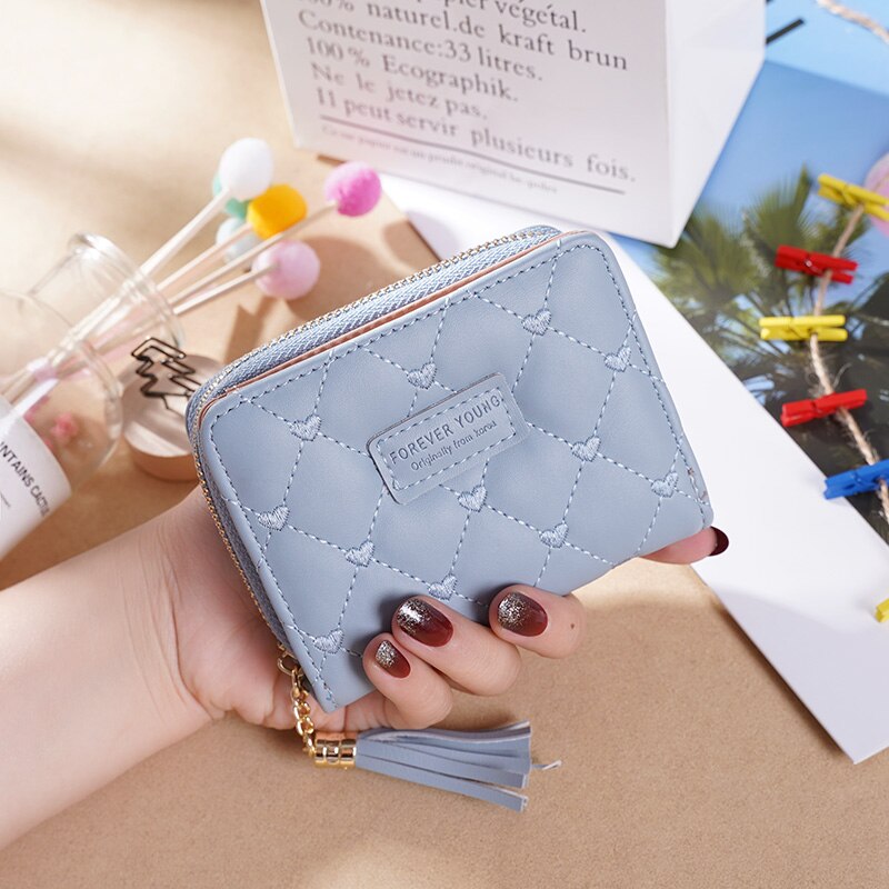 Frauen Kurze Brieftaschen PU Leder Weibliche Plaid Geldbörsen Nubuk Karte Halfter Brieftasche Frau Kleine Reißverschluss Brieftasche Mit Geldbörse: Blau  C-433