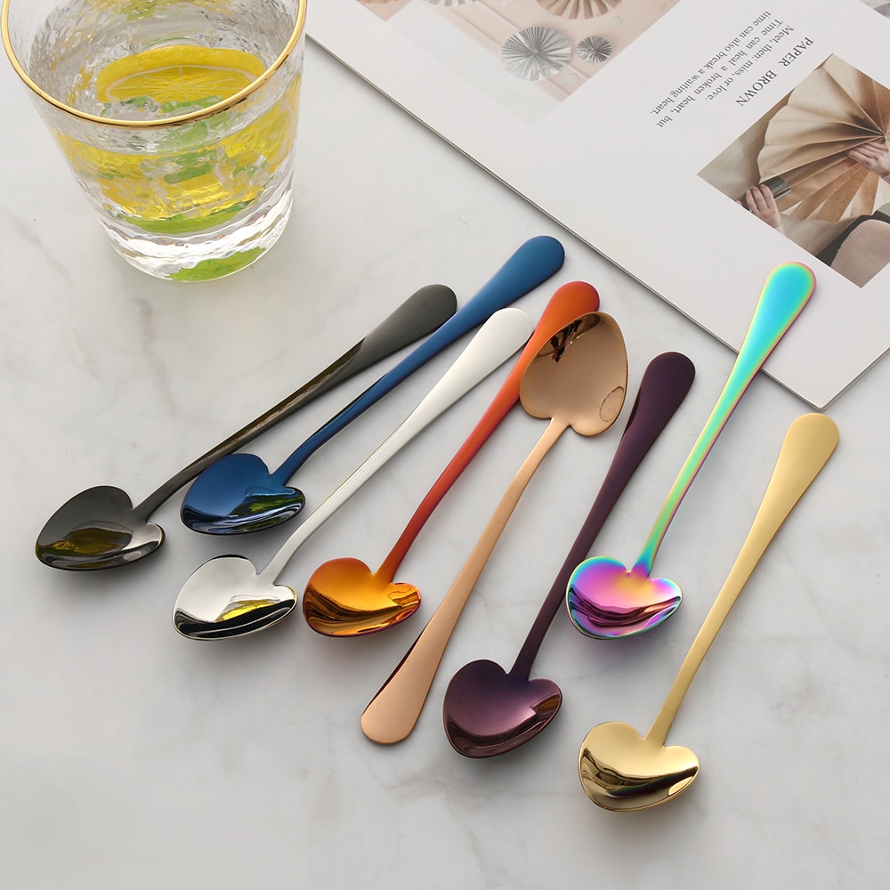 Multicolor Heart Shape Stainless Steel Spoon Small Dessert Tea Coffee Sugar Honey Ice Cream Scoop Kitchen Tableware Flatware