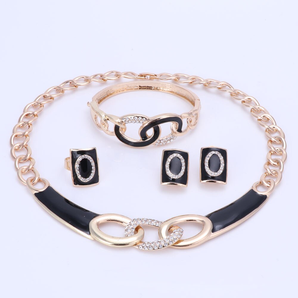 5Colors Jewelry Sets Necklace Ring Bracelet Earrings Wedding Gold Color For Women Crystal Maxi Dress Accessories: Black