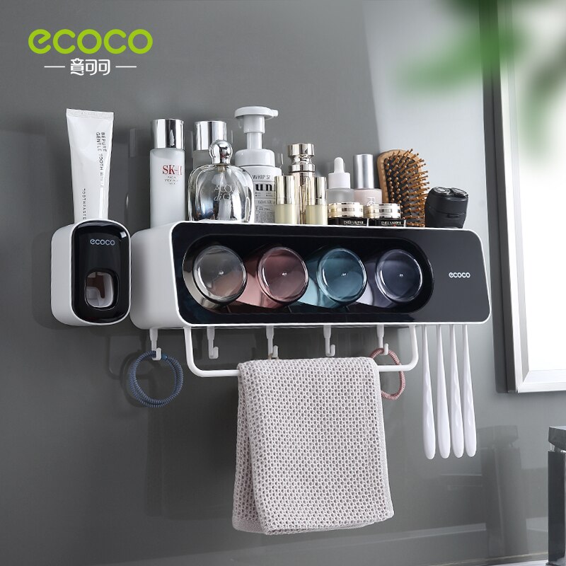 ECOCO Multifunctional Toothbrush Holder Towel Bar Free Punching Automatic Toothpaste Dispenser Squeezer Bathroom oom Accessories: 4 Cup Black Squeezer